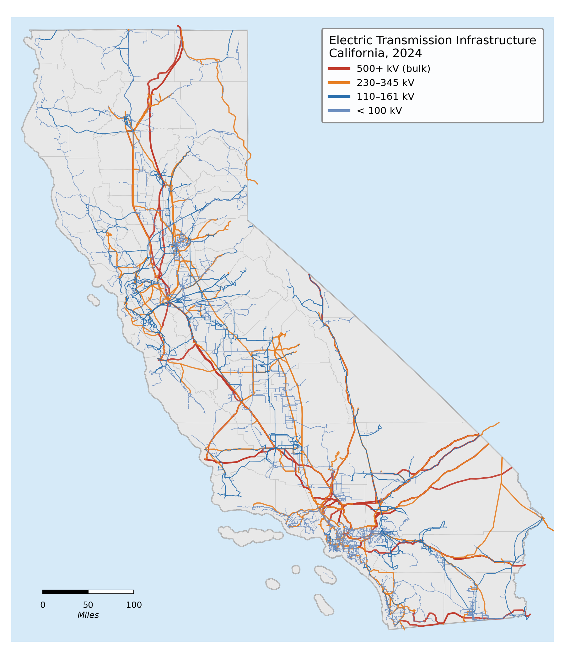California electric transmission lines by voltage class (CEC 2024).