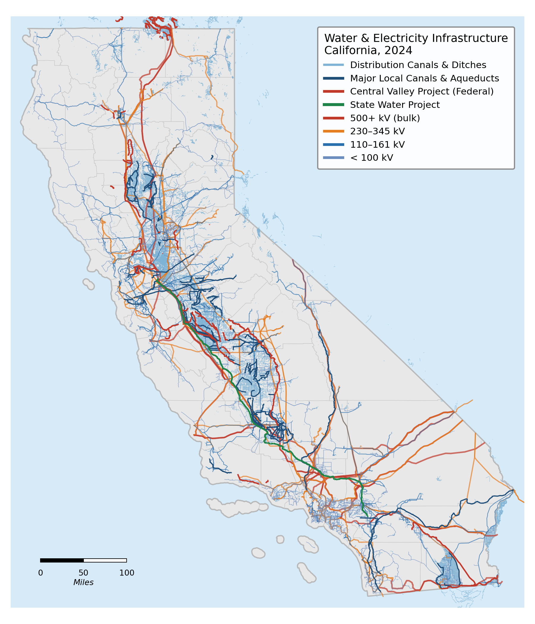 California water conveyance and electric transmission overlaid on the same map.