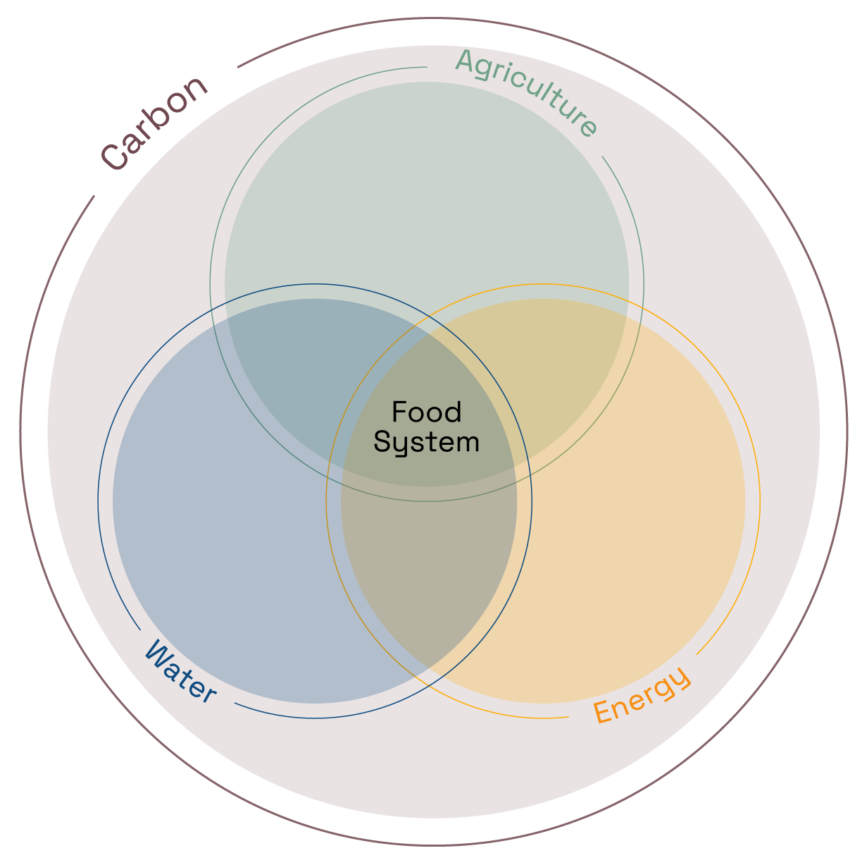 Klimate Consulting's focus areas as overlapping circles — Carbon, Agriculture, Water, and Energy — converging at the Food System.